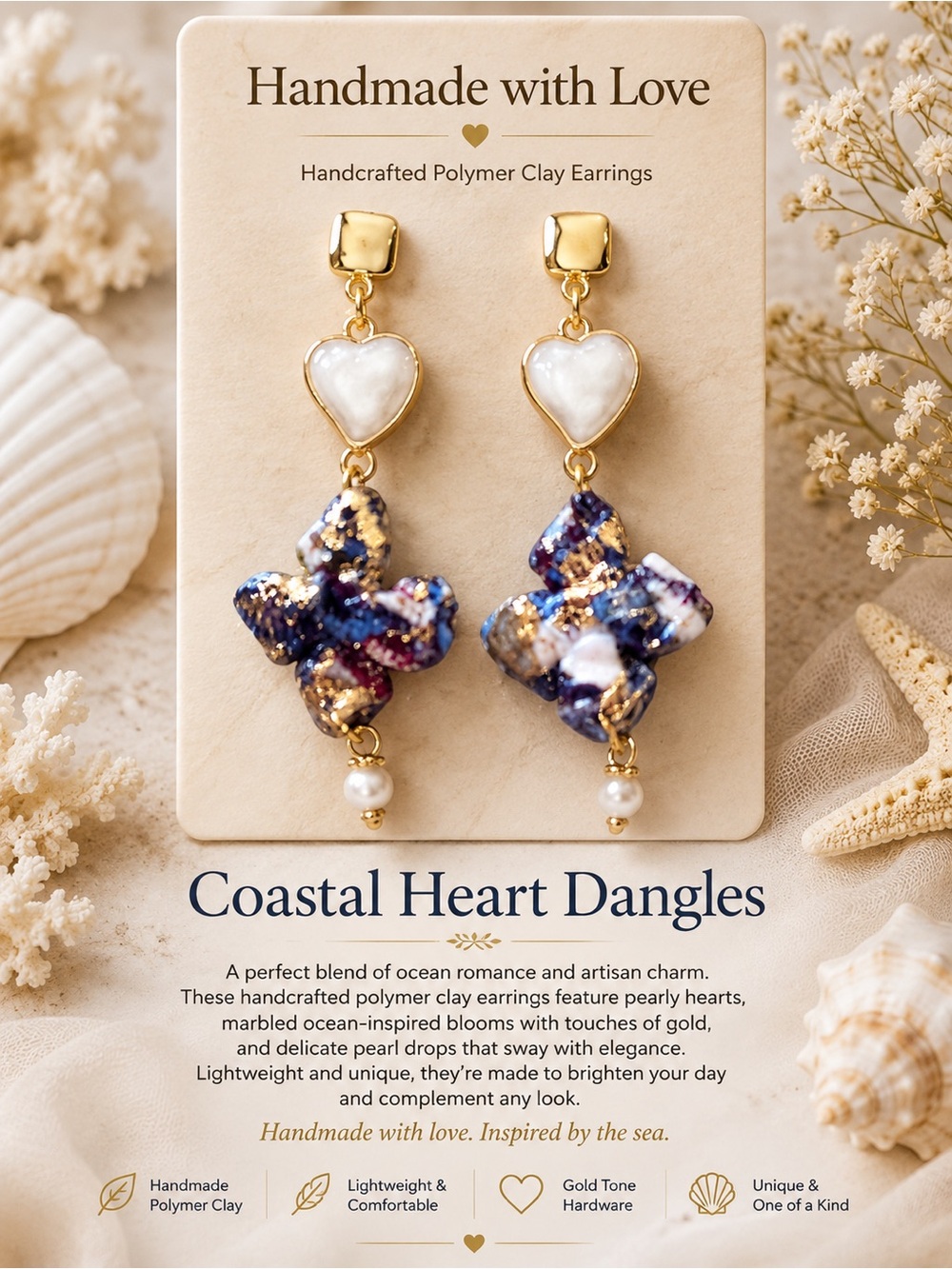 Handmade Coastal Heart Dangle Earrings — Pearl White & Ocean Marbled Blue